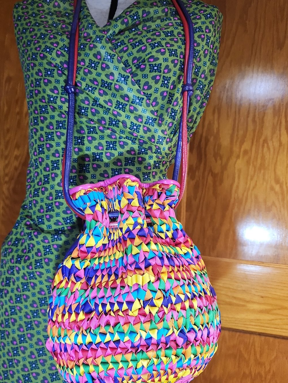 Sharif Multicolor Woven Ribbon Drawstring Crossbody Bag